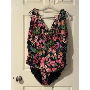 NWT Time and Tru Women's Floral Plunge One Piece Swimsuit Plus Size 3X